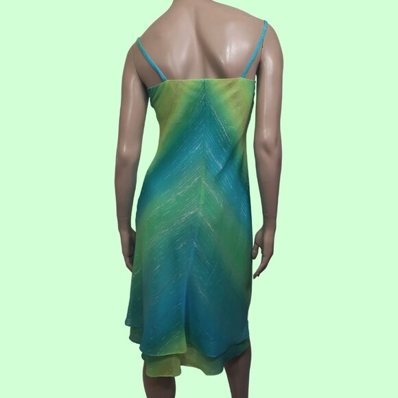 Y2K Slip Dress Size S Blue Green Metallic Stripe Midi Fairy Mermaid Party - Picture 9 of 13